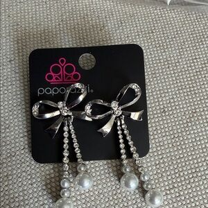 Paparazzi Silver Bow and Pearl Dangle Earrings